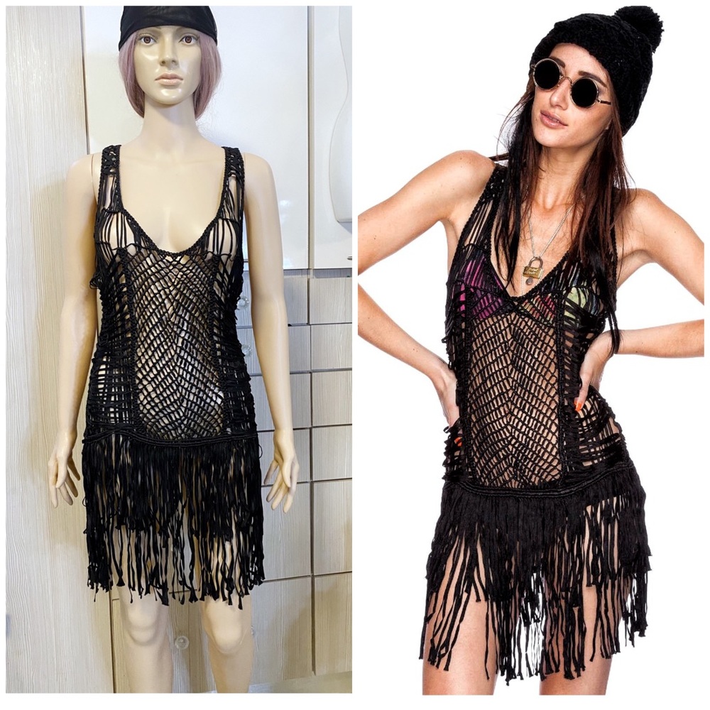 UNIF black fringed crochet macrame layering dress